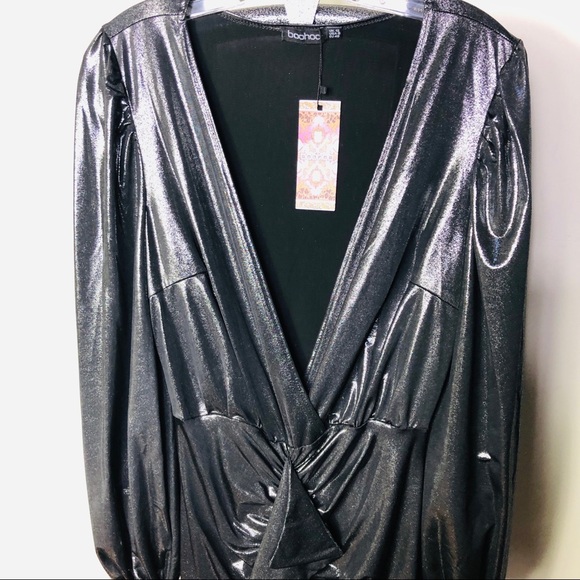 BOOHOO NWT Mini dress gunmetal grey, metallic long sleeves, deep V- neck SZ 8 - Picture 11 of 11